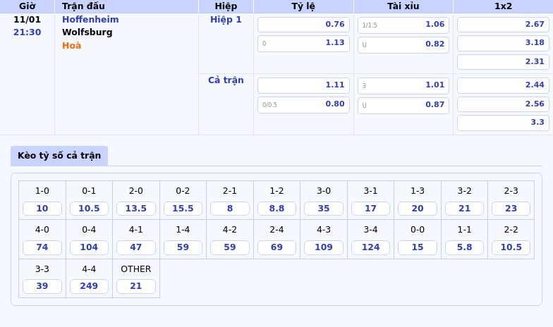 Thông tin bảng tỷ lệ kèo bóng đá Hoffenheim vs Wolfsburg