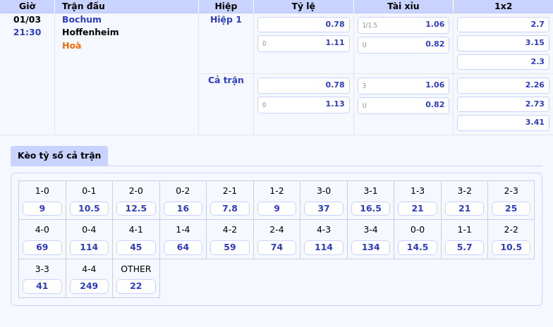 Thông tin bảng tỷ lệ kèo bóng đá Bochum vs Hoffenheim