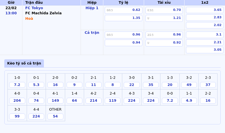 Thông tin bảng tỷ lệ kèo bóng đá FC Tokyo vs FC Machida Zelvia