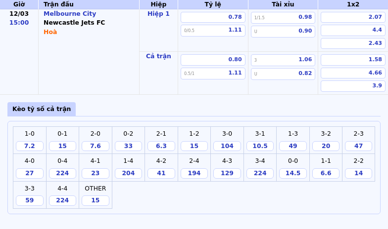 Thông tin bảng tỷ lệ kèo bóng đá Melbourne City vs Newcastle Jets FC
